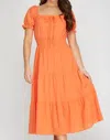She + Sky Short Puff Sleeve Woven Print Midi Dress In Orange In Orange