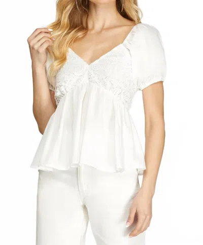 She + Sky Short Puff Sleeve Woven Top With Lace V-neck In White/off White