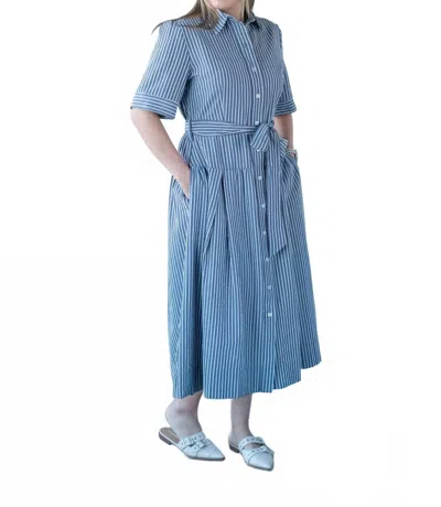 She + Sky Short Sleeve Button Down Striped Midi Dress In Navy In Blue