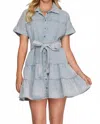She + Sky Short Sleeve Button Down Tiered Mini Dress With Waist Sash In Blue In Blue