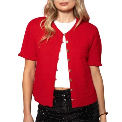 She + Sky Short Sleeve Button Front Cardigan In Red