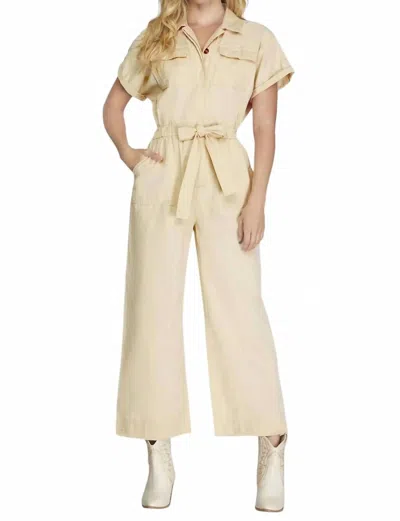 She + Sky Short Sleeve Button Front Jumpsuit In Ecru In White
