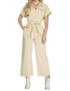 She + Sky Short Sleeve Button Front Jumpsuit In Ecru In White