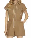 She + Sky Short Sleeve Contrast Piping Romper In Taupe In Brown