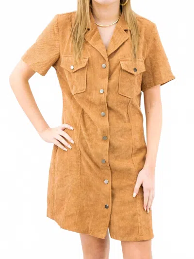 She + Sky Short Sleeve Corduroy Shirt Dress In Camel In Brown
