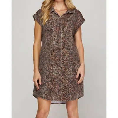 She + Sky Short Sleeve Leopard Twill Washed Shirt Dress With Pocket In Multi
