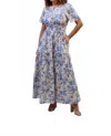 She + Sky Short Sleeve Maxi Dress Smocked Waist In Blue Floral In Multi