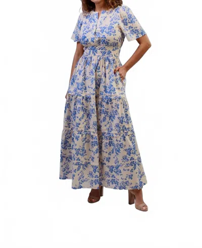 She + Sky Short Sleeve Maxi Dress Smocked Waist In Blue Floral In Multi