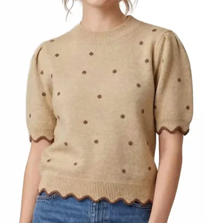 She + Sky Short Sleeve Polka Dot Scalloped Sweater Top In Beige In Brown