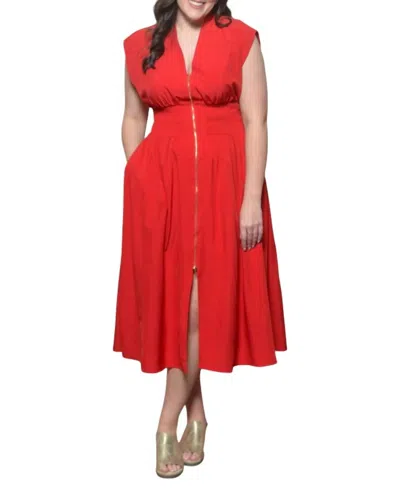 She + Sky Short Sleeve Smocked Waist Front Zip Midi Dress In Red