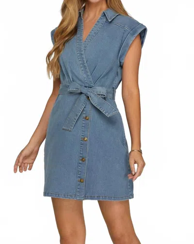 She + Sky Short Sleeve Surplice V-neck Denim Mini Dress In Denim Blue