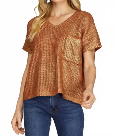 She + Sky Short Sleeve V Neck Metallic Coated Sweater In Rust