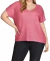 She + Sky Short Sleeve V-neck Metallic Coated Sweater Top With Front Pocket In Candy Pink In Pink