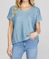 She + Sky Short Sleeve V-neck Metallic Coated Sweater Top With Front Pocket In Ice Blue In Blue