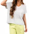 She + Sky Short Sleeve V-neck Metallic Coated Sweater Top With Front Pocket In Off White In White