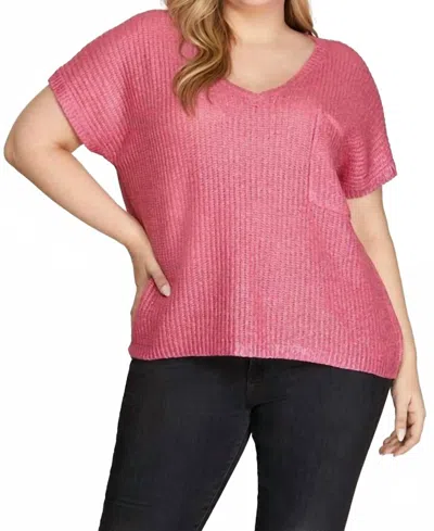 She + Sky Short Sleeve V-neck Metallic Coated Sweater Top With Front Pocket In Candy Pink