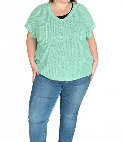 She + Sky Short Sleeve Wide Shoulder Loose Knit Sweater With Front Pocket In Mint Sage In Green