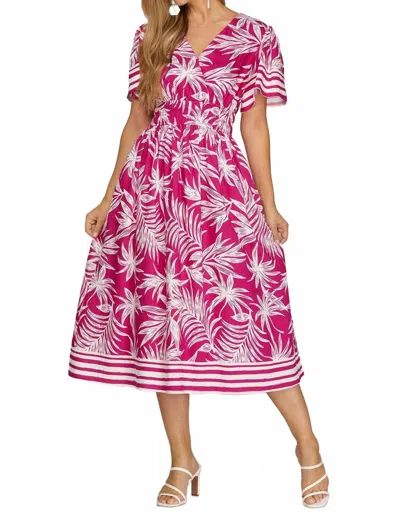 She + Sky Short Sleeve Woven Tropical Print Midi Dress In Pink