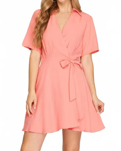 She + Sky Short Sleeve Wrap Dress With Front Side Tie In Coral Pink In Multi