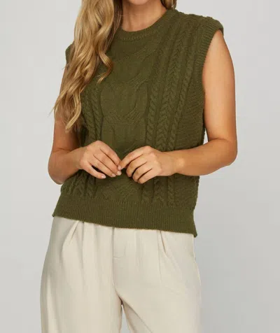 She + Sky Sleeveless Cable Knit Sweater Vest In Olive In Green