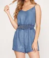 She + Sky Sleeveless Chambray Romper In Denim Blue