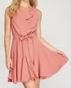 SHE + SKY SLEEVELESS COWL NECK FLOUNCE WOVEN DRESS WITH SASH IN DUSTY ROSE