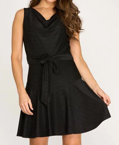 She + Sky Sleeveless Cowl Neck Lurex Flare Dress With Sash In Black