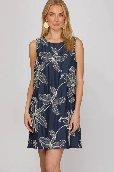 She + Sky Sleeveless Embroidered Shift Dress In Navy In Blue