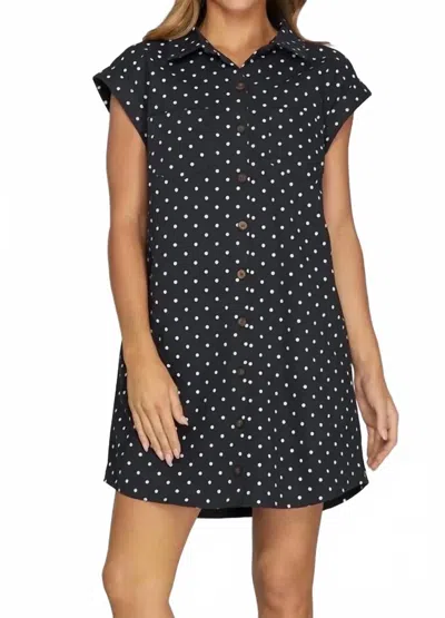 She + Sky Sleeveless Polka Dot Twill Shirt Mini Dress In Black
