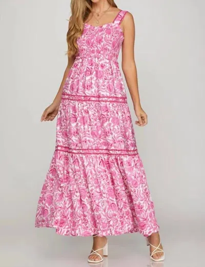 She + Sky Sleeveless Smocked Woven Print Tiered Maxi Dress With Ric-rac Trim In Pink/white