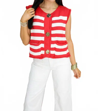 She + Sky Sleeveless Striped Button Down Knit Sweater Vest In Red