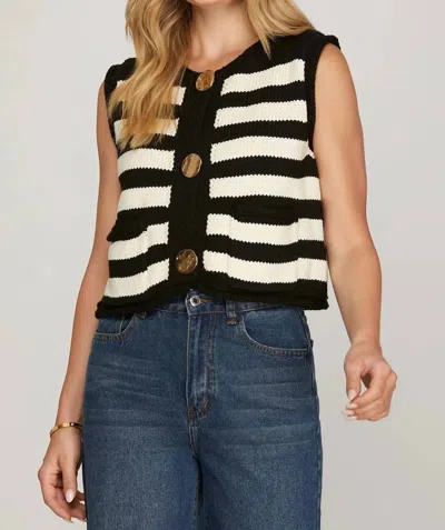 She + Sky Sleeveless Striped Button Down Sweater In Black