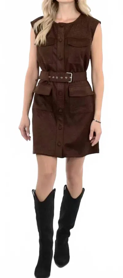 She + Sky Sleeveless Suede Button Down Mini Dress In Brown
