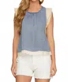 She + Sky Sleeveless Washed Chambray Top With Lace In Light Denim In Blue