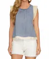 She + Sky Sleeveless Washed Chambray Top With Lace In Lt. Denim In Blue