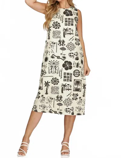 She + Sky Sleeveless Woven Print Midi Dress In Ivory In Multi