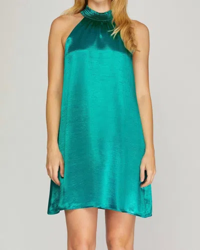 She + Sky Smocked Halter Neck Satin Dress In Emerald In Green
