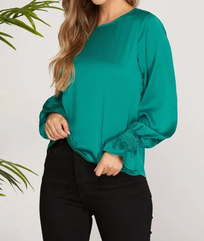 She + Sky Smocked Long Bubble Sleeve Satin Top In Peacock In Blue