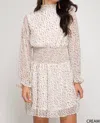 SHE + SKY SMOCKED MOCK NECK POLKA DOT DRESS IN CREAM AND BLACK