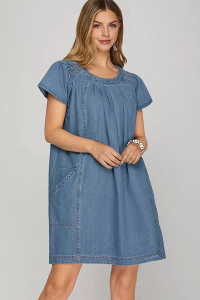 She + Sky Smocked Ruffle Dress In Denim In Blue