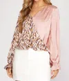 She + Sky Split Satin Top In Blush/multi In Pink