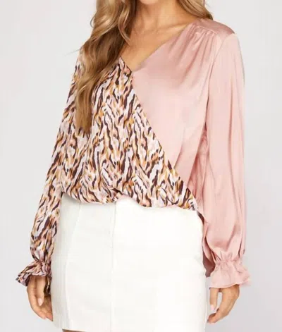 She + Sky Split Satin Top In Blush/multi In Pink