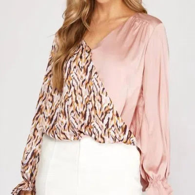 She + Sky Split Satin Top In Blush/multi In Pink