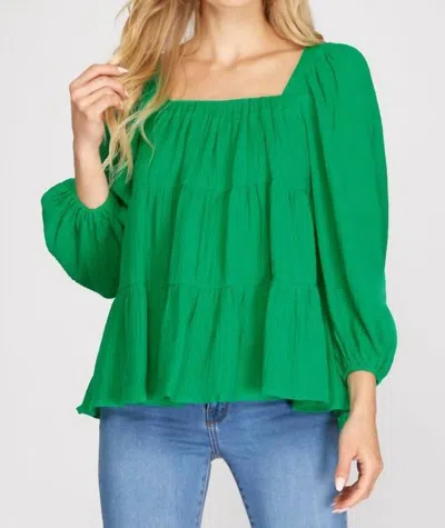 She + Sky Square Neck Top In Green