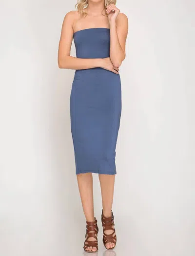 She + Sky Strapless Basic Tube Midi Dress With Back Slit In Dusty Blue In Multi
