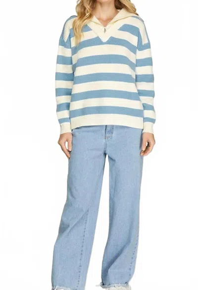She + Sky Stripe Collared Sweater In Blue/ivory