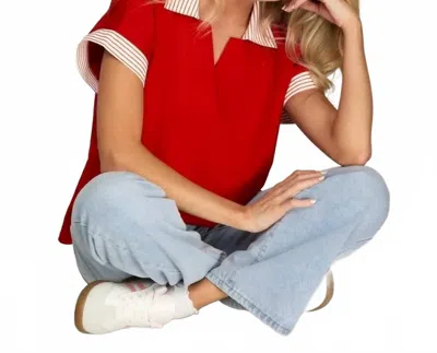 She + Sky Striped Collar Top In Red