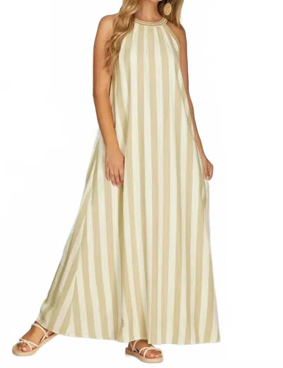 She + Sky Striped Halter Neck A-line Maxi Dress In Taupe In Neutral