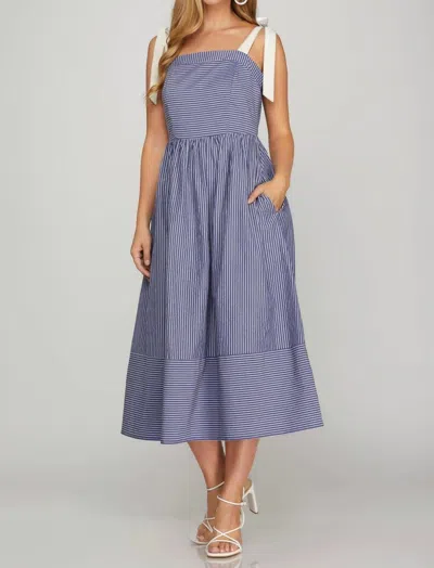 She + Sky Striped Midi Dress With Contrast Ribbon Ties In Blue/white