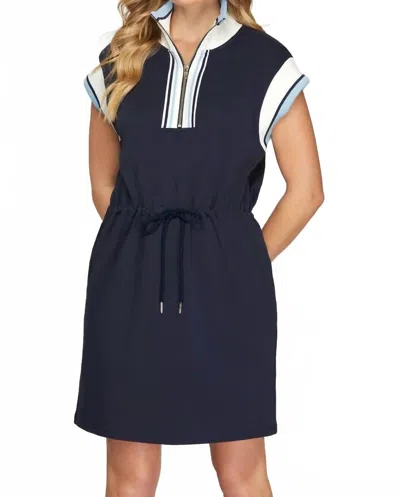 She + Sky Striped Quarter-zip Drawstring Dress In Navy In Blue